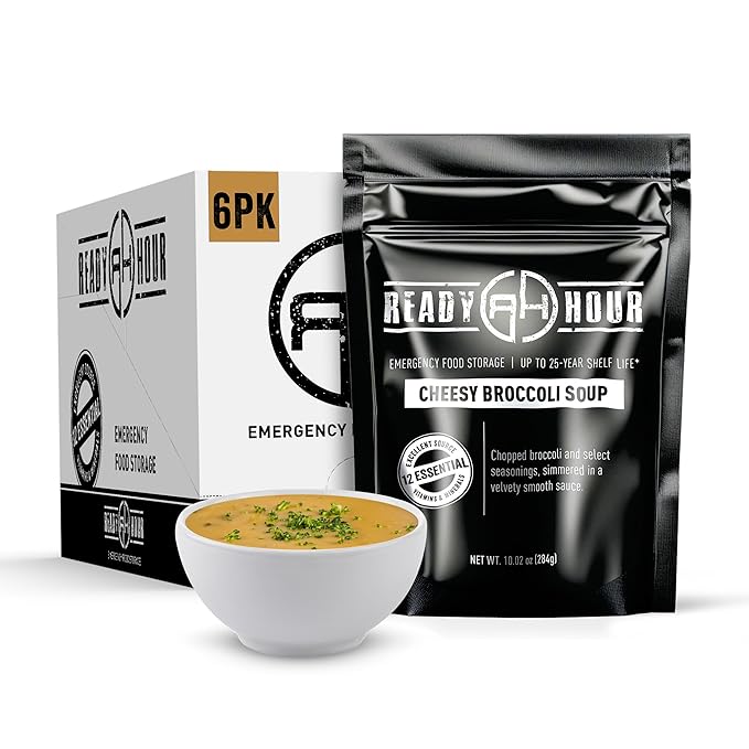 Ready Hour Cheesy Broccoli & Rice Soup Case Pack – Freeze-Dried Soup, Emergency Food, Long-Term Storage, Instant Survival Meals, Prepper Pantry, Prepared Meals, Ready to Eat – 24 Servings (6 Pouches)