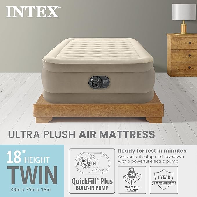 Intex Dura-Beam Deluxe Ultra Plush Air Mattress : Fiber-Tech – Built-in Electric Pump – 18in Bed Height – 300lb Weight Capacity – Twin Size