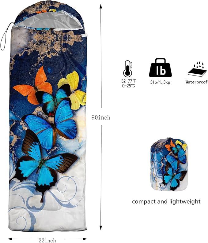 HOSIMA Butterfly Sleeping Bags for Adults and Kids for Camping,Black Gothic Ultralight Sleeping Bag for Cold Weather Summer.