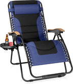 PHI VILLA XXL Oversized Padded Zero Gravity Chair, Foldable Patio Recliner, 30" Wide Seat Anti Gravity Lounger with Cup Holder, Support 400 LBS (Navy Blue)