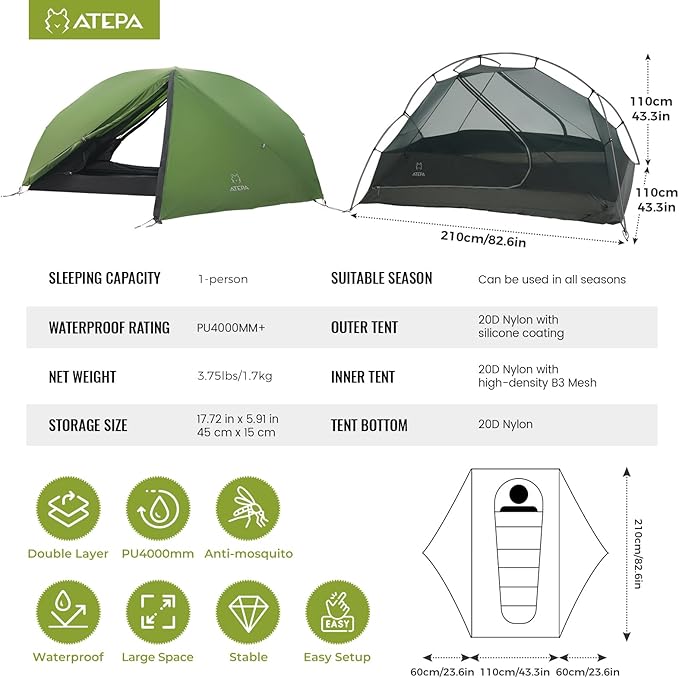 ATEPA Voyage 1-2 Person Backpacking Tent, 4 Season Ultralight Camping Tent, 4000mm Waterproof Double Layer Cold Wearther Easy Set Up Tent for Family Camp Hiking Hunting Outdoor Mountaineering Travel