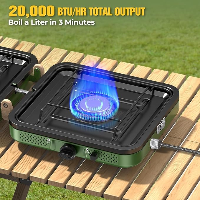 2 Burner Camping Stove, 20000 BTU Propane Camp Stove Portable Folding Gas Travel Stove Camping Essentials Gears Includes Grill,Carrying Bag, Adjustable Burners & Piezo Ignition for Tailgating,BBQ,Camp