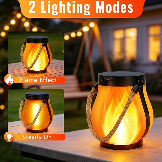 2 Pack Solar Lights Outdoor, Flickering Flame Garden Lights with 2 Modes, Dual Charging USB & Solar Powered, Outdoor Waterproof Hanging Lanterns for Holiday Patio Yard Decor