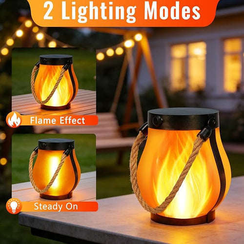 2 Pack Solar Lights Outdoor, Flickering Flame Garden Lights with 2 Modes, Dual Charging USB & Solar Powered, Outdoor Waterproof Hanging Lanterns for Holiday Patio Yard Decor