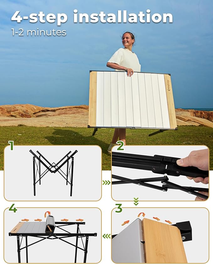KingCamp Folding Camping Table, Aluminum Roll-Up Camp Table, Large Foldable Table for 4-6 Person, Outdoor Portable Tables with Carry Bag, 176 LBS Heavy Duty Load (Bamboo：40.16“x27.5”，4-6 People)