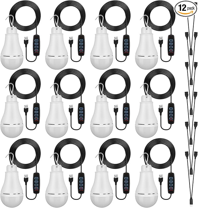 12 Pcs USB Light String LED Portable Light Bulb Rechargeable USB Strip Camping Lantern with Splitter Cable for Camping Porch Backyard Garage Warehouse Truck Fishing Boat
