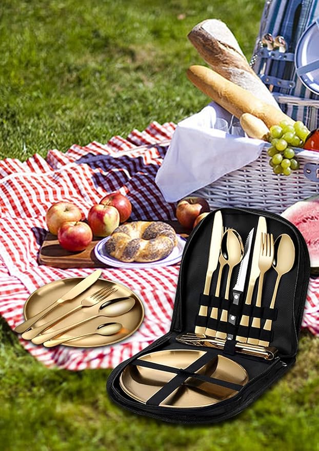 Travel Portable Black Silverware Set With Case Stainless Steel Camping Flatware Set 11 Piece Modern Cutlery Tableware Utensils Set for Picnic and Other Outdoor Activities Mirror Polished