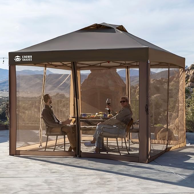 CROWN SHADES Gazebo 10x10 Pop Up Canopy with Mosquito Netting, Screen Tent with 4 Ropes, 8 Stakes, 4 Sandbags and Wheeled Storage Bag, Canopy for Patio & Backyard Parties,Camping&Events -(Coffee)