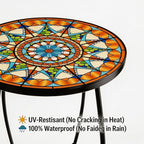 Mosaic Outdoor Side Table Round, 15 Inch Height - Small Patio Table, Foldable Sun Pattern Metal Plant Stand for Garden, Balcony, Porch & Camping (Mosaic Sun)