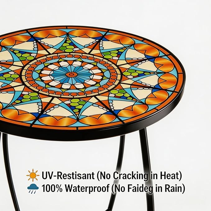 Mosaic Outdoor Side Table Round, 15 Inch Height - Small Patio Table, Foldable Sun Pattern Metal Plant Stand for Garden, Balcony, Porch & Camping (Mosaic Sun)