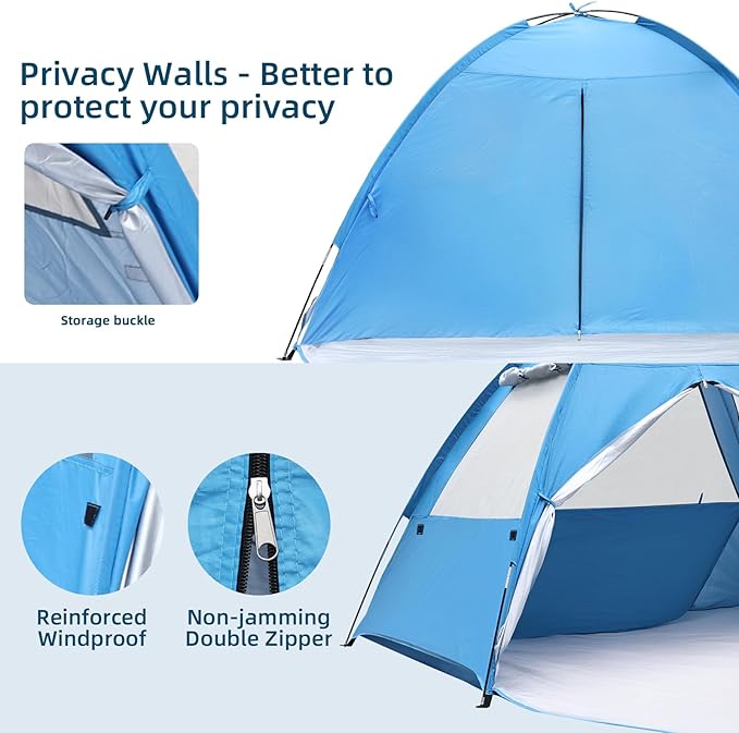 COVACURE 2026 New Upgraded Beach Tent Sun Shelter for 3-4 Person - UPF 50+ UV Protection Beach Shade, Waterproof & Lightweight, Easy Setup Portable Sun Canopy for Camping, Fishing, Beach(Blue)