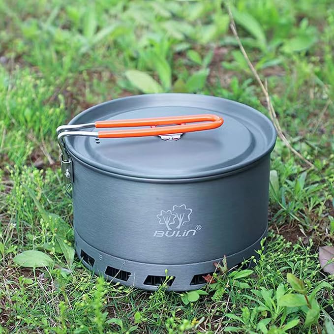 Bulin Camping Pot, 1.2L/1.5L High Efficiency Backpacking Pot Ultralight Camping Cooking Set Cookware Gear with Heat-Proof Handle & Heat Exchanger for Outdoor Picnic Hiking Travel