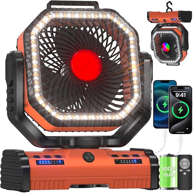 12 Inch Portable Camping Fan, 40000mAh Rechargeable Battery Powered Fan with 4 Speeds Wind and LED Light 140H, Cool & Warm Light and SOS Mode, Auto Oscillating, 360° Rotating Hang Hook(Orange)