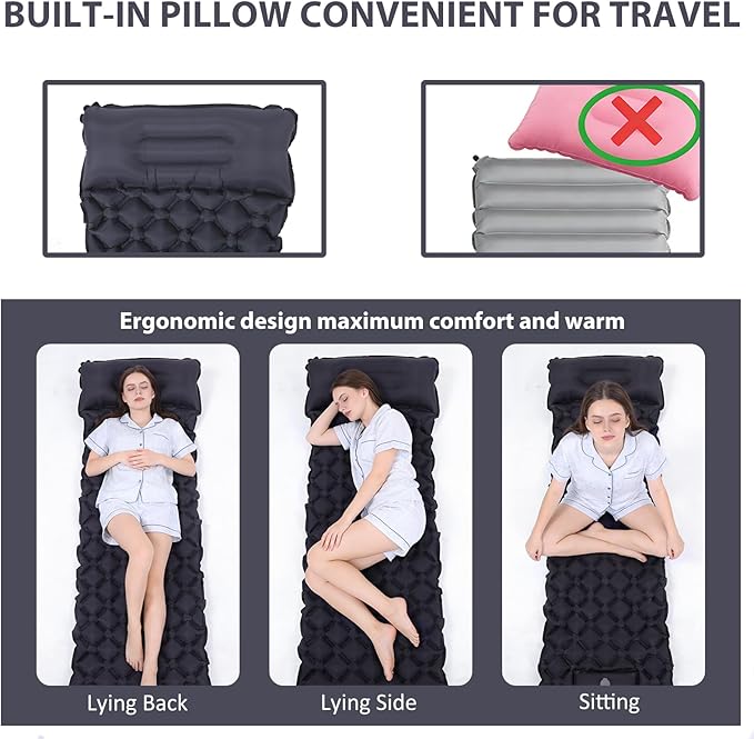 Sleeping Pad, 40D Nylon Camping Mat with Pillow, Built-in Foot Pump Inflatable Sleeping Mat Compact, Portable Waterproof Air Mattress for Outdoor Camping Hiking Backpacking, Single (Gray)