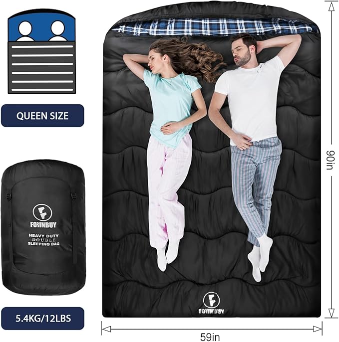 0 Degree Flannel Double Sleeping Bag for Adults, Couples or Family - Winter Queen Size Waterproof & Warm 2-Person Sleeping Bag for Cold Weather Camping, RV Travel