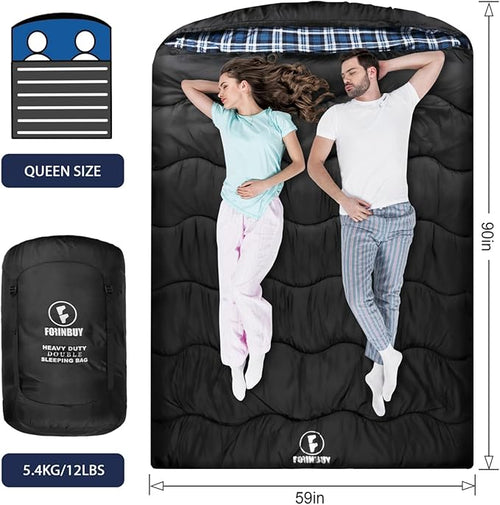 0 Degree Flannel Double Sleeping Bag for Adults, Couples or Family - Winter Queen Size Waterproof & Warm 2-Person Sleeping Bag for Cold Weather Camping, RV Travel