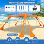 Beach Tent Sun Shelter 10x10ft Beach Canopy Easy Pop Up Sun Shade Portable UPF50+ with 8 Sandbags-2 Sand Shovel-4 Aluminum Poles-Ground Pegs for Outdoor Family Camping Fishing Backyard Picnic