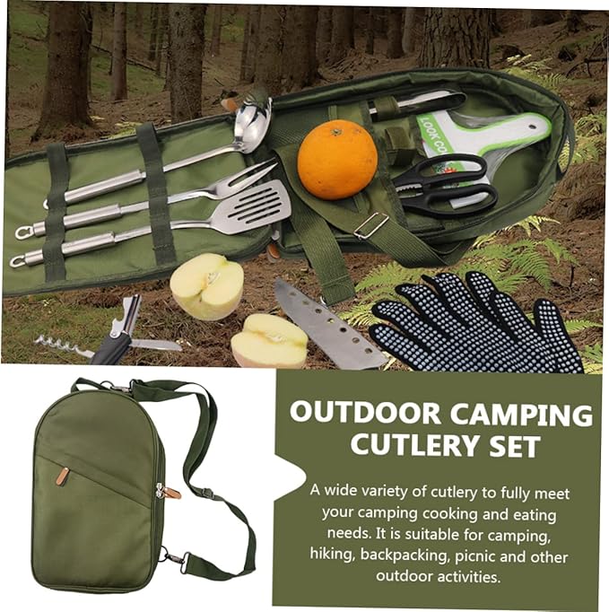 Portable Camping Cookware Set with Storage Bag Outdoor Tableware Kit for Hiking Picnics Includes Utensils and Cookware for Camping Supplies Olive Green