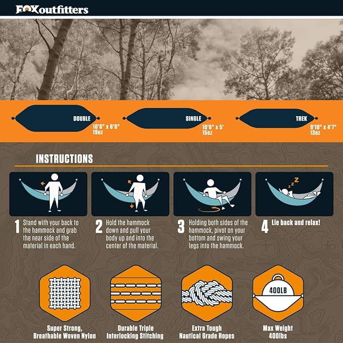 Fox Outfitters Neolite Double Camping Hammock - Lightweight Portable Nylon Parachute Hammock for Backpacking, Travel, Beach, Yard. Hammock Straps & Steel Carabiners Included (Khaki/Black)