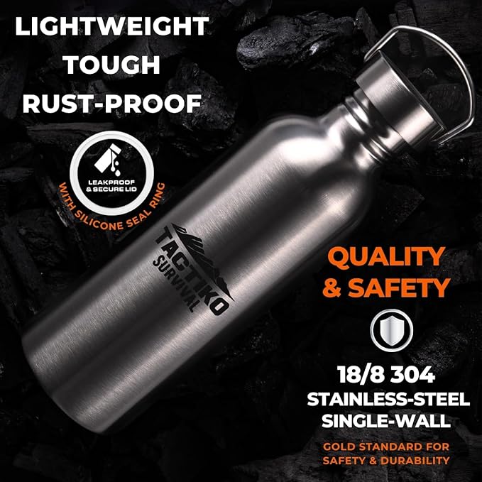 Tactiko Survival 51 oz/1500 ml Stainless Steel Wide Mouth Water Bottle, Single Wall Boil-Safe, Leakproof, BPA-Free with Carry Sleeve and Strap for Camping, Hiking, Outdoor Prep (Camo)