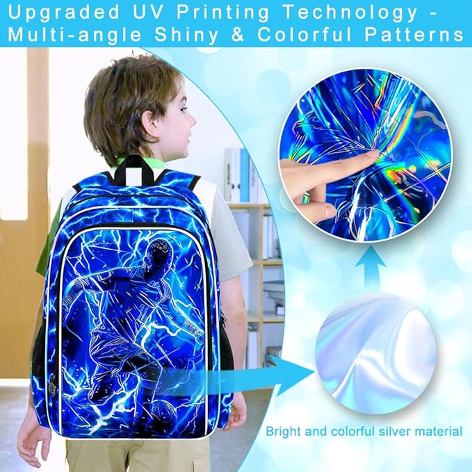3Pcs Soccer Backpack for Boy, 17" Lightning Bookbag for Elementary Preschool Kindergarten, Kids School Thunder Backpacks with Lunch Box (Blue)