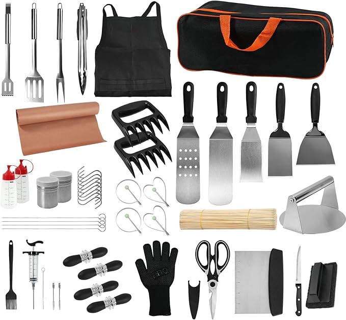 150Pcs Griddle Accessories Kit, Flat Top Grill Accessories Set for Blackstone and Camp Chef, Griddle Spatula Set with Metal Spatula, Enlarged Spatulas, Basting Cover for Outdoor Barbecue