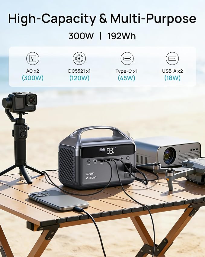 DaranEner Portable Power Station, 300W (Surge 600W) 192Wh(60,000mAh) Power Bank with 110V AC Outlet, LiFePO4 Battery for Home Emergency, Camping, Travel,& Outdoor Electronics(Option Solar Generator)
