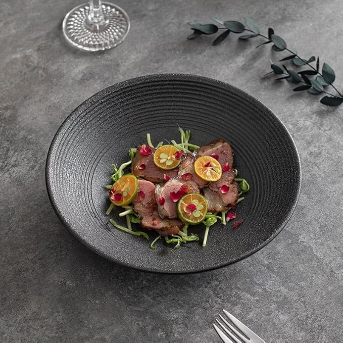 Camping Plates Salad Bowl Fruit Household Ceramic Tableware Light Luxury Large Soup Ramen Decorative Plate(A,Medium)
