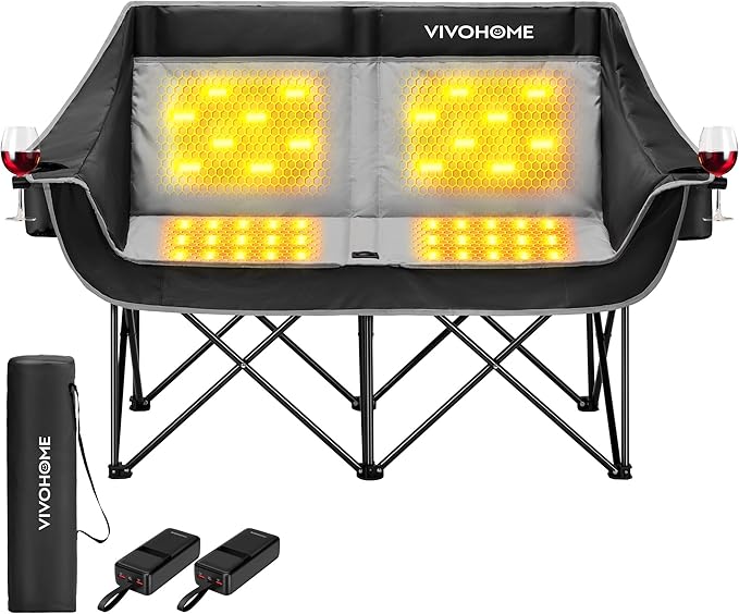 VIVOHOME 45W Padded Heating Double Camping Chair with 2 x 27000mAh Power Bank, Heated Oversized Portable Loveseat for Outdoor Sports, 3 Levels of Heat, Overheat Protection System, Black and Gray