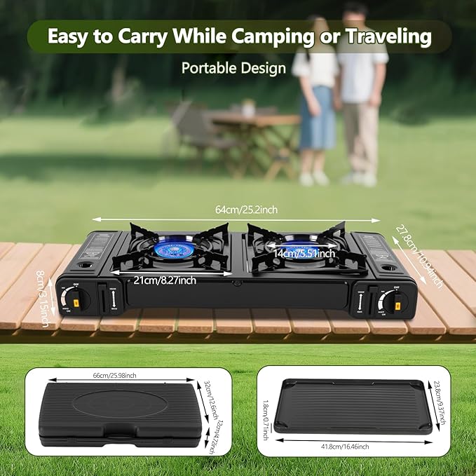 Double Burner Butane Stove, Butane Camping Stove Kit with Baking Pan and Carrying Case, Portable Camping Burner for RV, Apartments, Outdoor