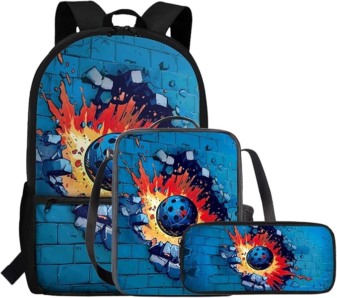 Rnyleeg Fire Pickleball Backpack for Kids 6-8 with Lunch Box Funny Boys Backpack Set Lightweight Book Bag Set 3-in-1 for Elementary Students Back to School Gifts