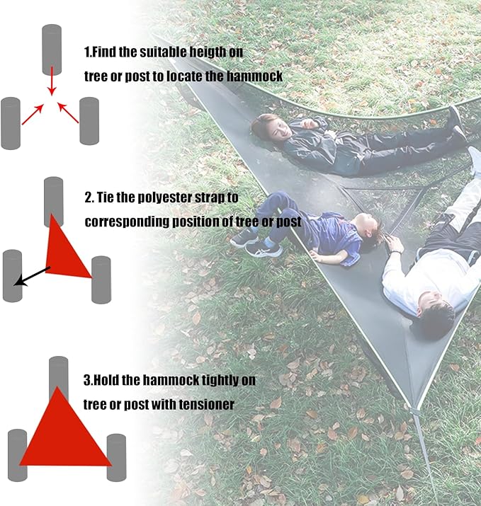 Triangle Hammock Multi Person 3 Point Tree Hammock, 13Ft Extra Large Sky Camping Hammock with 3 Ratchets/Straps/Net Pockets/Carabiners and Storage Bags, Max 300lbs for up to 1-3 Adults/Kids,Family