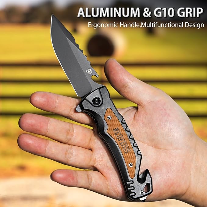 NedFoss DA169 Pocket Knife for Men Women, 4 in 1 Pocket Folding Knives, Survival Knife with Seat Belt Cutter, Glass Breaker, Bottle Opener Camping Knives, Cool Tactical Hunting knife for Men Knives, Mens Stocking Stuffers Fathers Day Gift for Dad