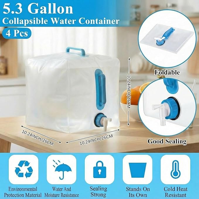4-Pack 5.3Gal Collapsible Water Containers with Spigot - Labor-Saving Dual Handles - BPA Free Food Grade Canteen for Outdoor Hiking, Camping, Emergency - Portable, Foldable