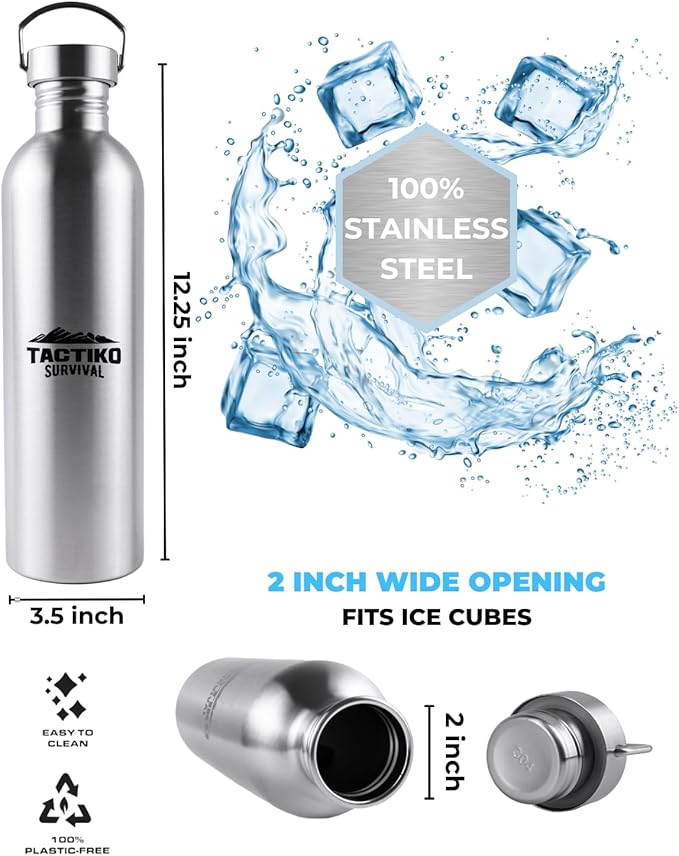 Tactiko Survival 51 oz/1500 ml Stainless Steel Wide Mouth Water Bottle, Single Wall Boil-Safe, Leakproof, BPA-Free with Carry Sleeve and Strap for Camping, Hiking, Outdoor Prep (Camo)