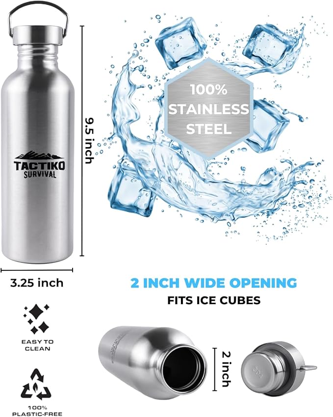 Tactiko Survival 34 oz/1000 ml Stainless Steel Wide Mouth Water Bottle, Single Wall Boil-Safe, Leakproof, BPA-Free with Carry Sleeve and Strap for Camping, Hiking, Outdoor Prep (Pink)