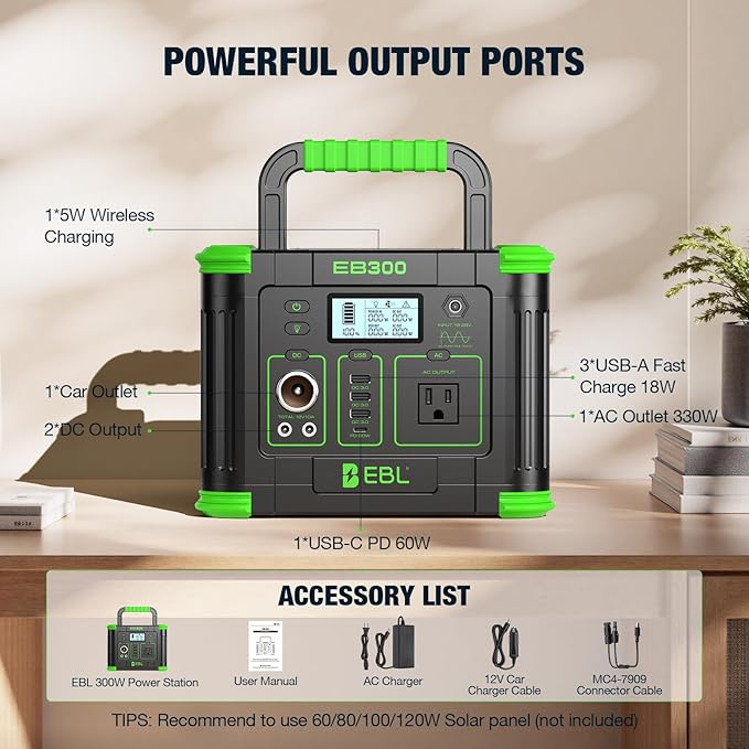 EBL Portable Power Station 288.6Wh 330W Solar Generator Pure Sine Wave AC Output (600W Peak) with 5W Wireless Charger, SOS LED Light & Multi-Port Design for Camping Home Emergency RV CPAP