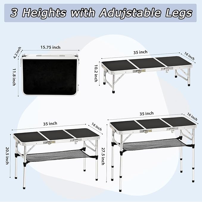 3 ft Folding Table, Folding Camping Table with Storage Net, Lightweight Portable Aluminum Foldable Table with Adjustable Height Max 27.5 Inch Outdoor Table for Picnic Travel, Black