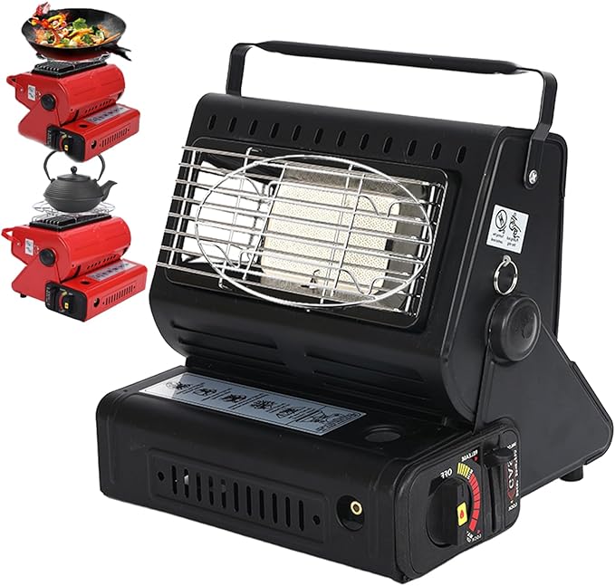 Upgraded 2 In 1 Portable Indoor Butane Heater & Stove with Self Ignition, Safe & Cordless Non Electric Heaters, Butane Emergency Heater for Power Outage, For Camping, Tents, Outdoor (Black)