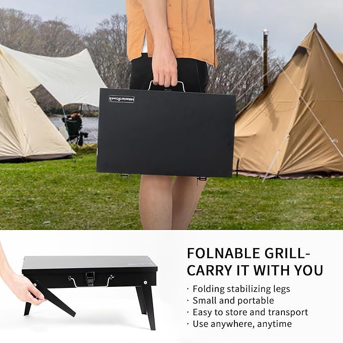 MASTER COOK Portable Charcoal Grill, Foldable BBQ Grill Kit Easy to Carry, 160 SQIN Cooking Area Mini Tabletop Grill for Outdoor Camping, Patio and Picnic, 17.1”*10.8”*2.5”