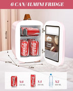 Mini Fridge for Bedroom, 4 Liter/6 Can Skincare Fridge With LED Mirror,12v AC/DC Cooler & Warmer Portable Small Refrigerator for Drinks, Makeup, Dorm, Office and Car(Pink)