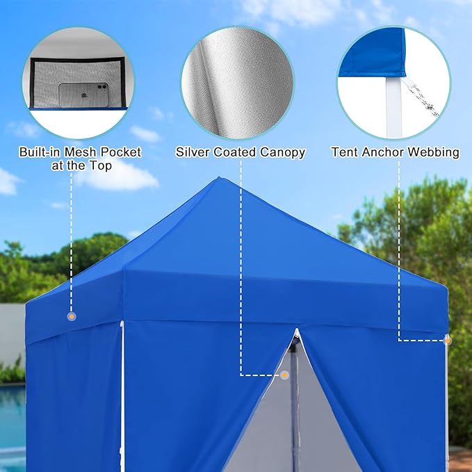 5x5 Pop Up Canopy Tent with Four Sidewalls, Instant Portable Beach Canopy, Outdoor Tent with Carry Bag for Camping, Sports, Tailgating, Events, Blue