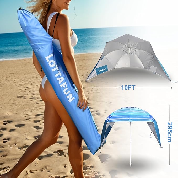 Beach Shelter Umbrella Premiere UPF 50+ Umbrella Shelter for Sun and Rain Protection for Adult (10-Foot,Blue Stripe)