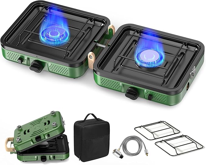2 Burner Camping Stove, 20000 BTU Propane Camp Stove Portable Folding Gas Travel Stove Camping Essentials Gears Includes Grill,Carrying Bag, Adjustable Burners & Piezo Ignition for Tailgating,BBQ,Camp