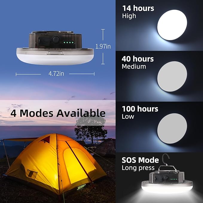 Rechargeable Camping Tent Light 12000mAh 45W 4000Lumen Battery Operated LED Lights IPX5 Waterproof Portable Lamp for Power Outages Outdoor Emergency Home Use