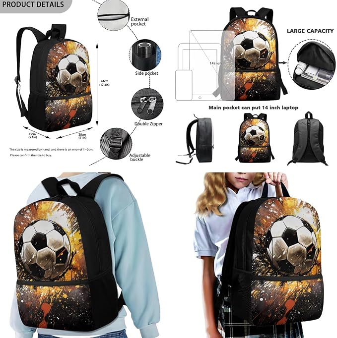 Rnyleeg Soccer Backpack for Boys 5-6 Novelty Kids Backpack with Lunch Box Large Capacity School Bag Set of 3 for Primary Students Back to School Supplies