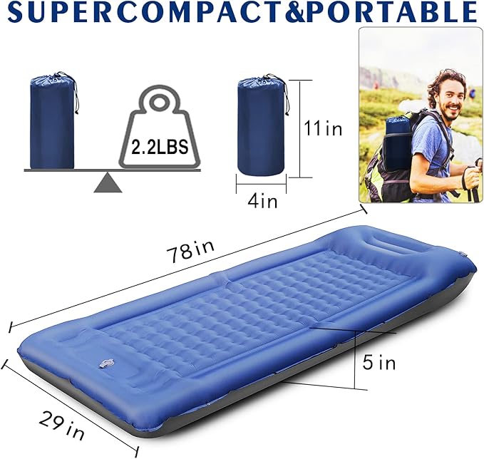 FAQIUQI Camping Sleeping Pads，Extra Thick 5 Inch Inflatable Sleeping Mat with Pillow Built-in Pump，Oversized Mattress Super Portable Backpacking Sleeping Pad (Blue)