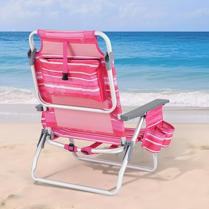 GYMAX Beach Chairs, Backpack Camping Chair with Armrest, Cooler Bag, Cup Holder, Towel Bar & Side Pockets, Sunbath Sling Tanning Lounge, Folding Layout Chair (Without Table, Pink Stripe)