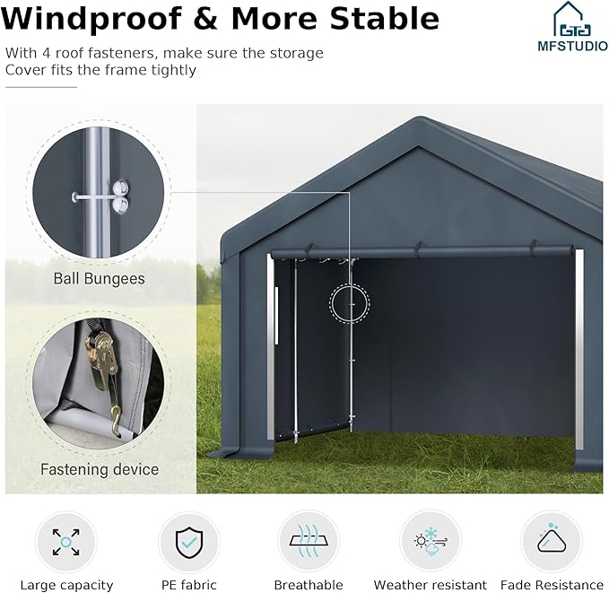 MFSTUDIO 13x24 Heavy Duty Carport, Outdoor Shades Portable Storage Shelter Garage with Rolled up Zipper Doors, Extra Large Car Canopy Tent with Roll-up Sidewalls for Boat Truck Party