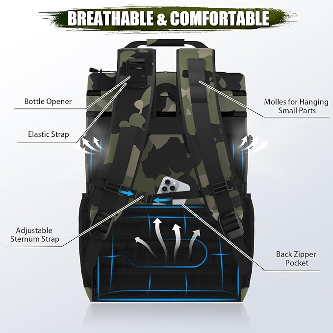 Tactical Backpack Cooler, AYAMAYA Leakproof 40 Cans Soft Cooler Backpack with Handle, Waterproof Insulated Tactical Lunch Box Bag for Work, Beach, Travel, Camping, Picnic, Hiking